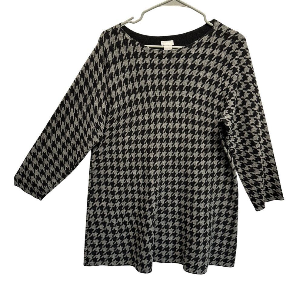 Chicos Houndstooth Sweater‎ Womens 2 Large Black Grey Cotton Blend Knit Pullover